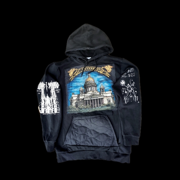 Saint Yams Tops - Custom Black Graphic Hoodie with Quilted Pouch Pocket
